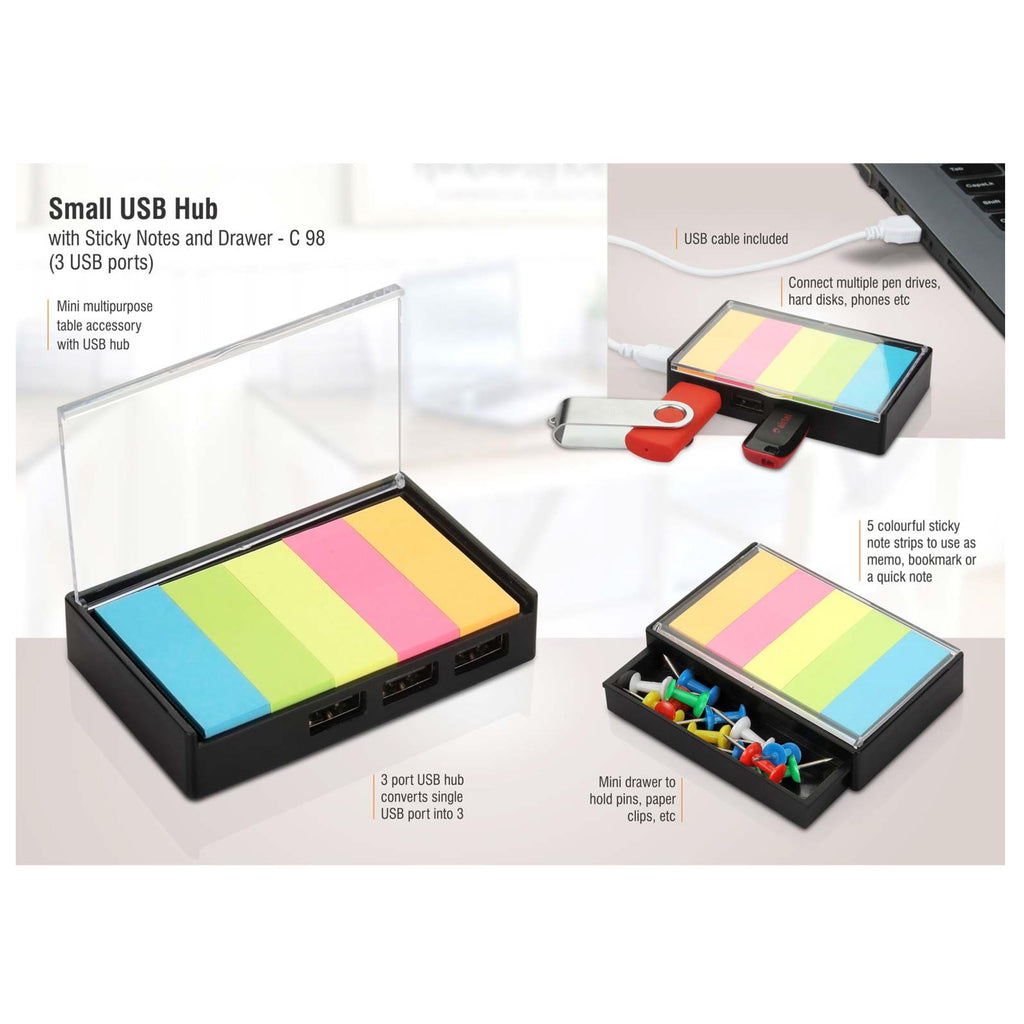 Small USB Hub With Sticky Notes And Drawer | 3 USB Ports - C 98