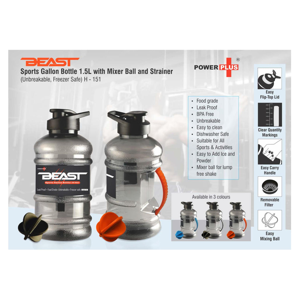 BEAST Sports Gallon Bottle 1.5L with Mixer Ball and Strainer(Unbreakable, Freezer Safe) - H 151