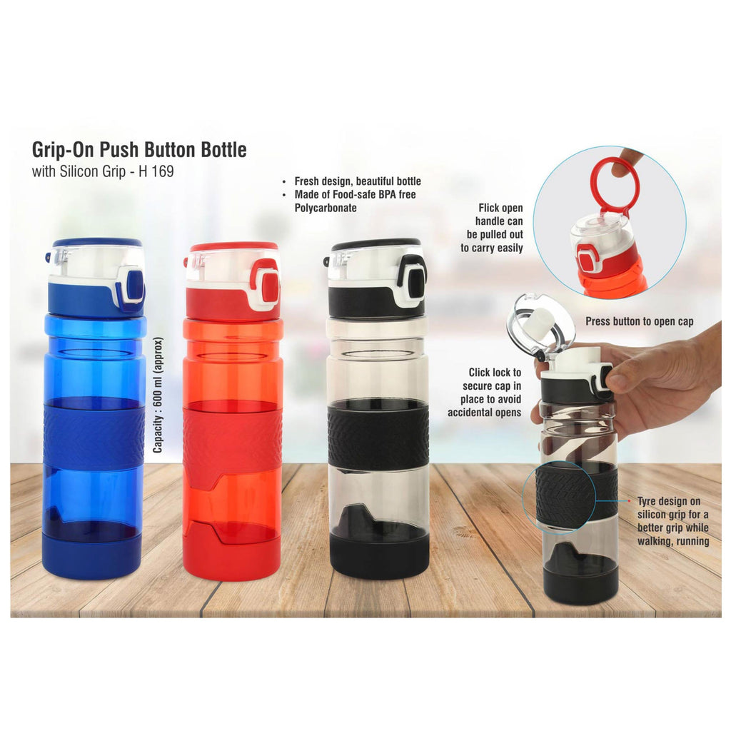 Grip-On: Push Button Bottle With Silicon Grip | Made From Tritan | BPA Free - 600 ml - H169