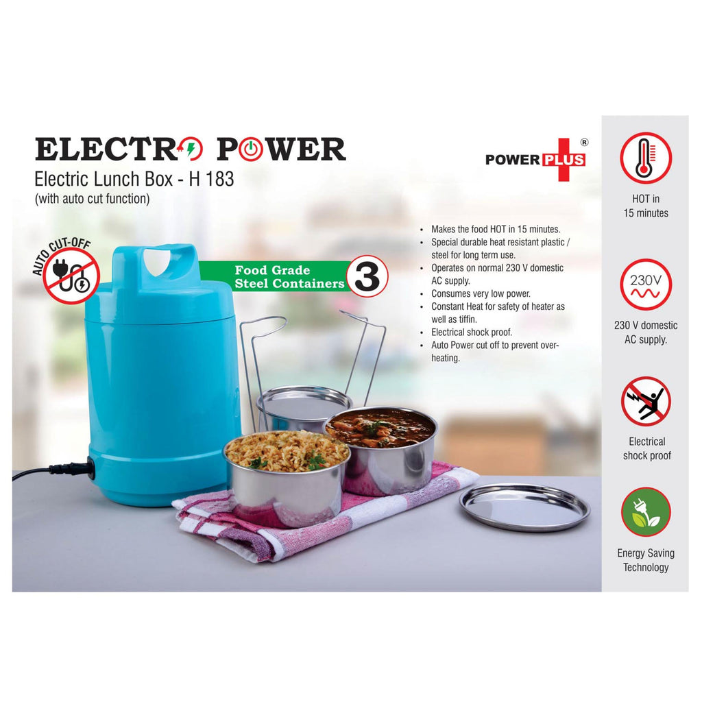 Electro Steel: 3 Container Electric Steel Lunch Box With Auto Cut Function - H183