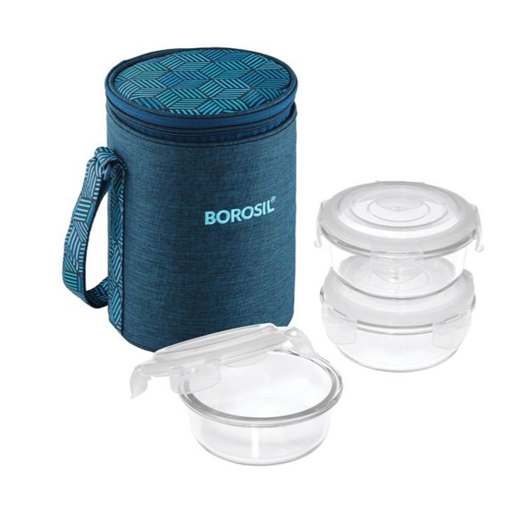 3 Round Microwavable Glass Lunch Box (Foodluck Blue) - ICYCSBRS400