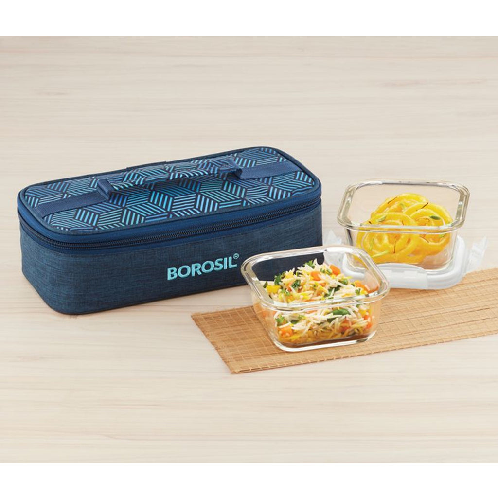 2 Square Microwavable Glass Lunch Box (Foodluck Blue Flat) - ICYCSBS320H