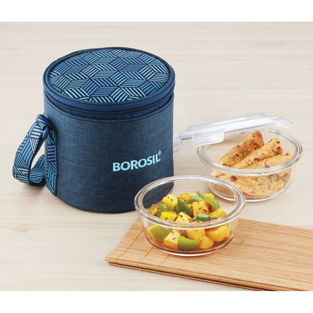 2 Round Microwavable Glass Lunch Box (Foodluck Blue) - ICYCSBS400V