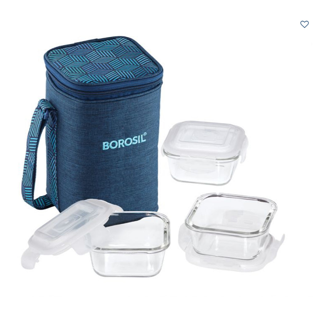 3 Square Microwavable Glass Lunch Box (Foodluck Blue) - ICYCSBSS320