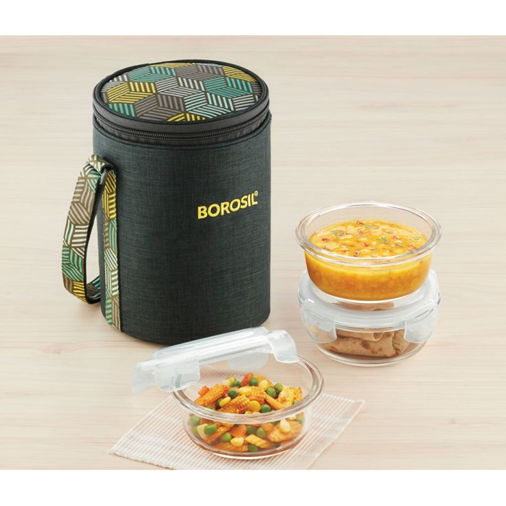 3 Round Microwavable Glass Lunch Box (Foodluck Olive) - ICYCSORS400