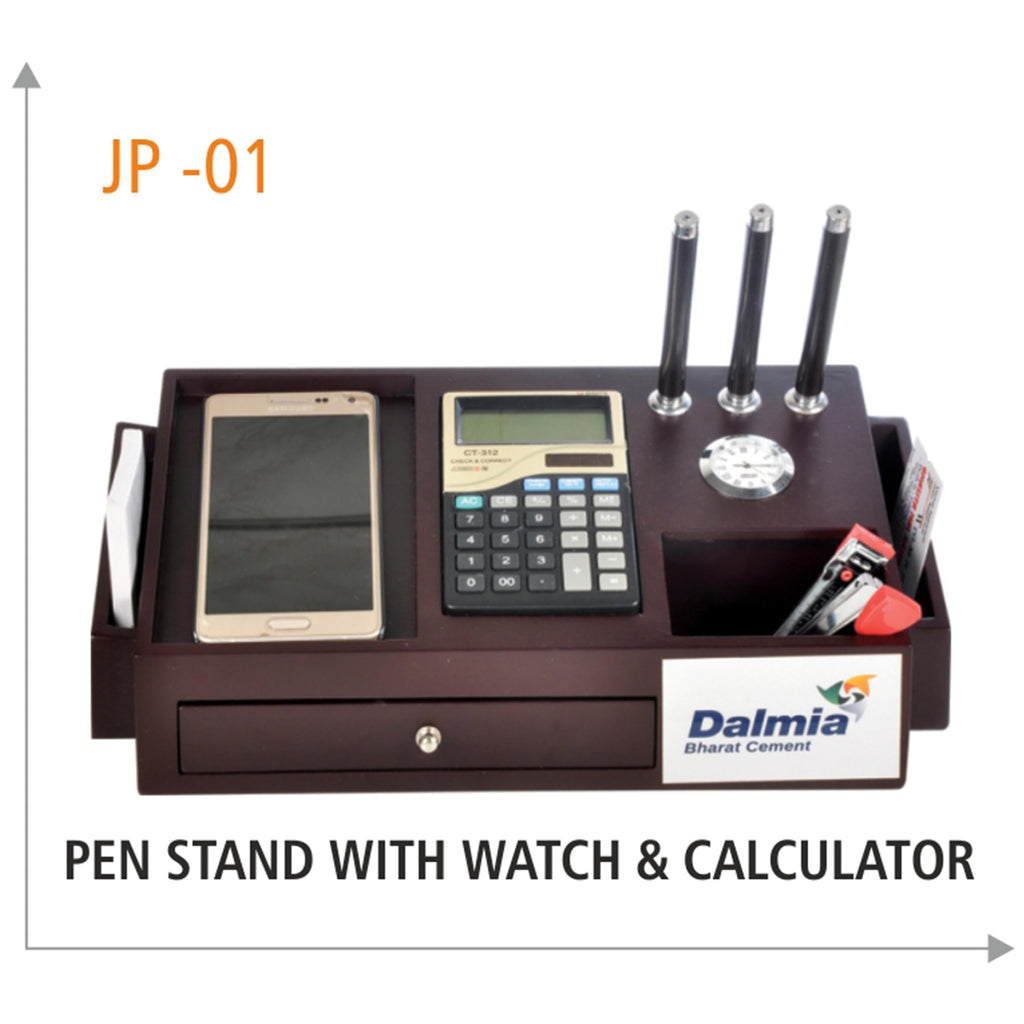 Wooden Pen Stand with Watch & Calculator - JP 01