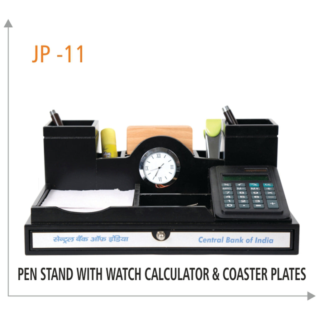 Wooden Pen Stand with Watch, Calculator & Coaster Plates - JP 11