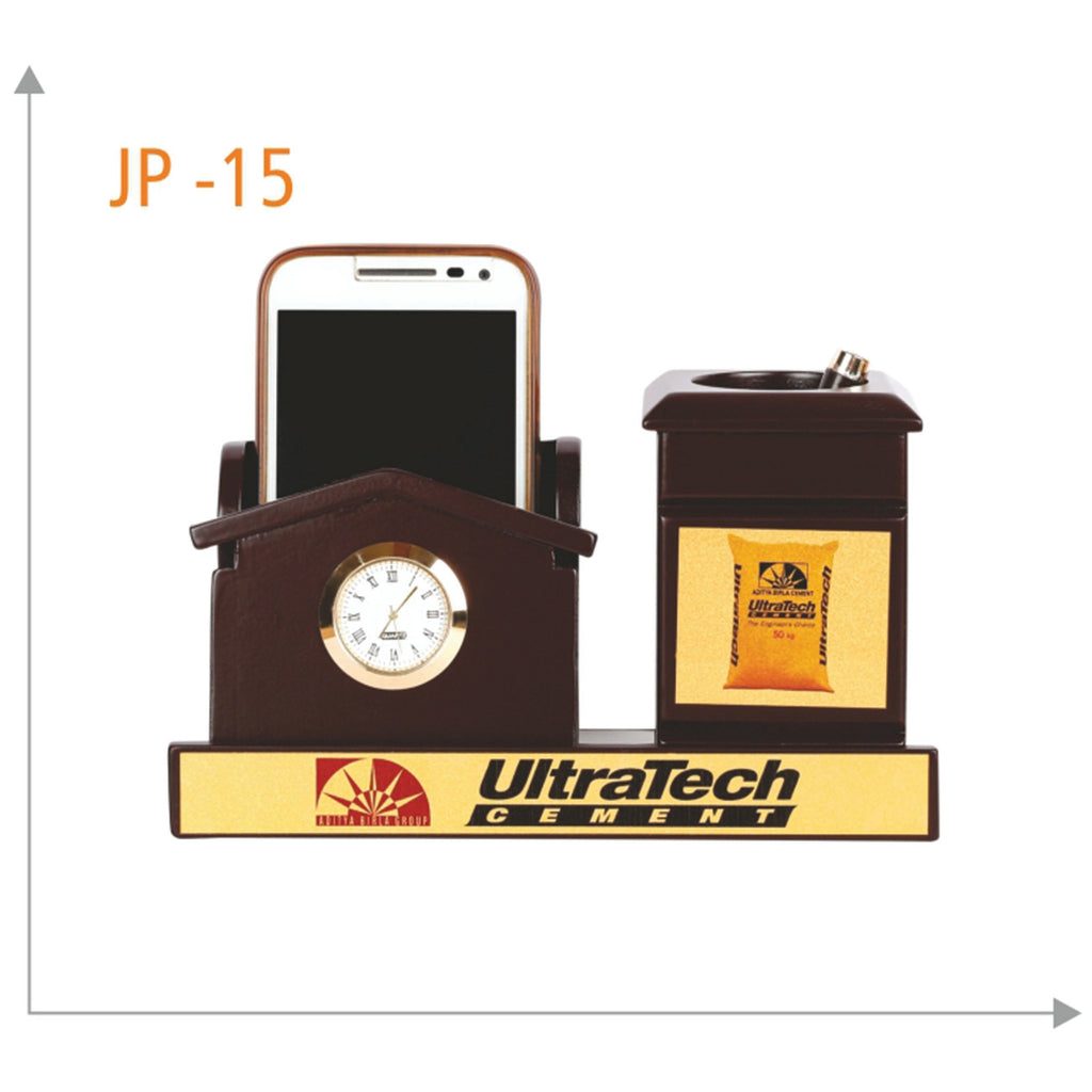 Wooden Pen Stand and Mobile Holder with Watch - JP 15