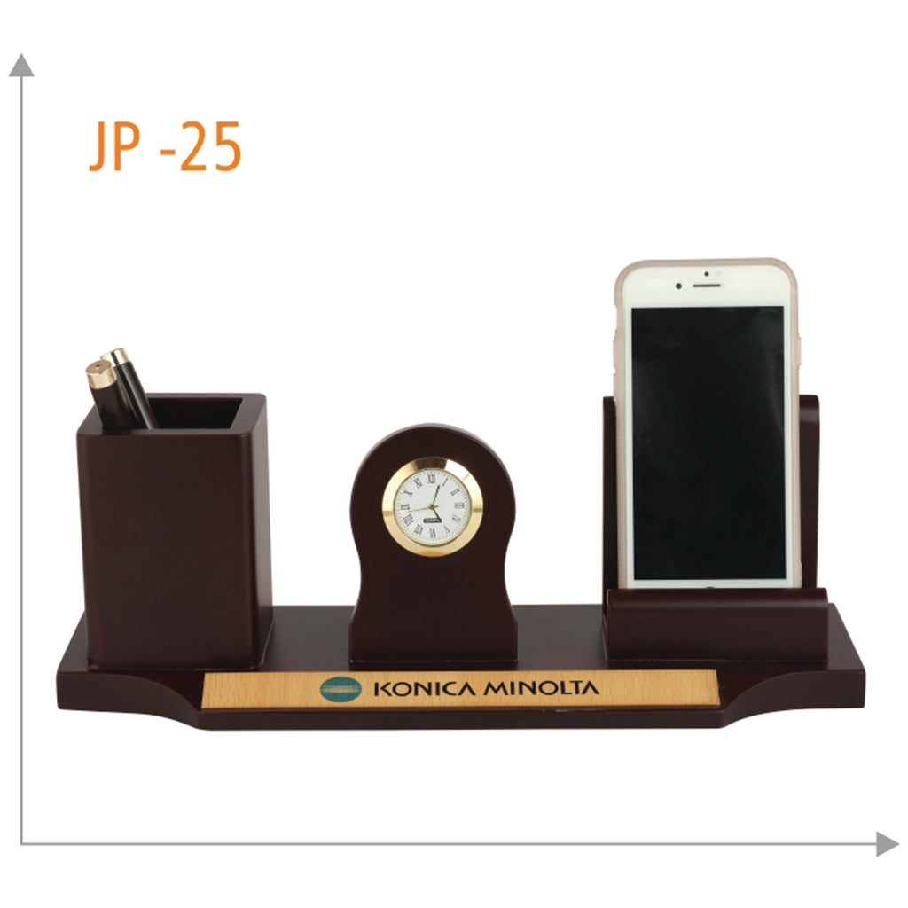 Wooden Revolving Pen Stand with Mobile Holder & Watch - JP 25
