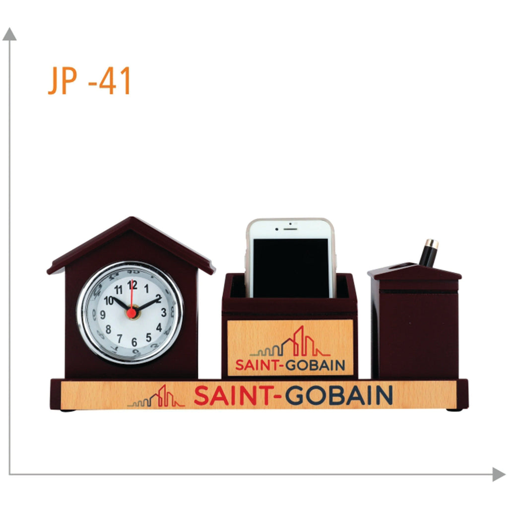 Wooden Table Clock With Pen Stand & Mobile Holder - JP 41