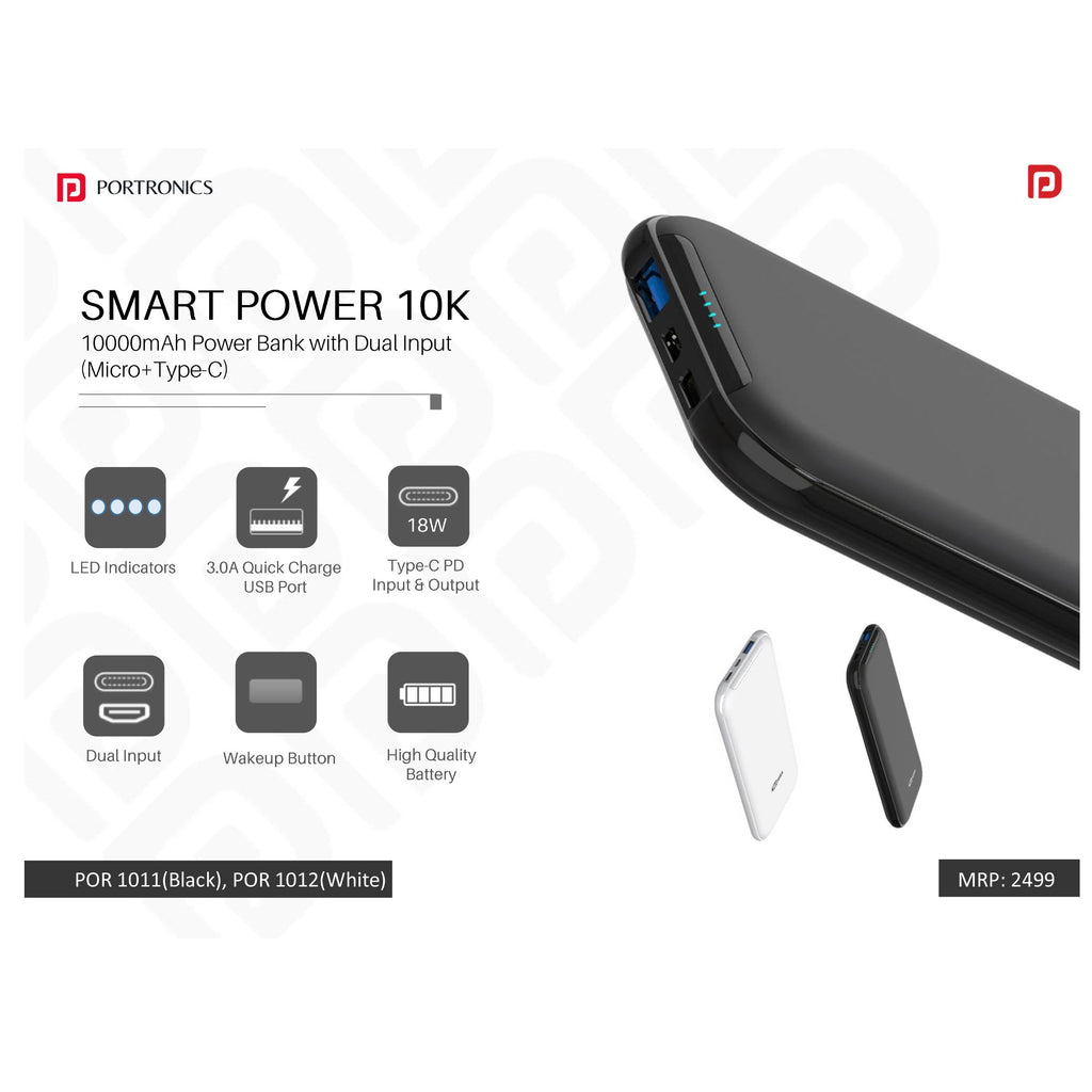 Portronics 10000mAh Power Bank with 18W Fast Charging Type-C - POR 1011/1012