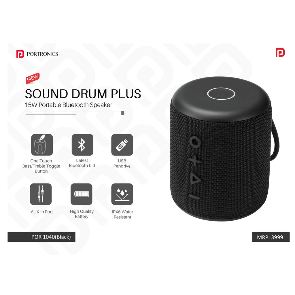 Portronics SoundDrum Plus 15 W Bluetooth Speaker  (Black, Stereo Channel) - POR 1040