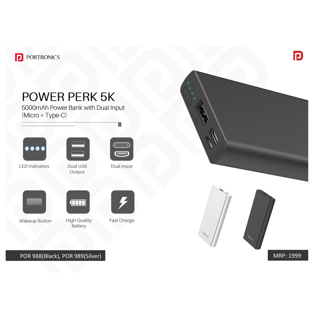 Portronics 5000mAh Power Bank with Dual Input (Micro+Type-C) - POR 988/989