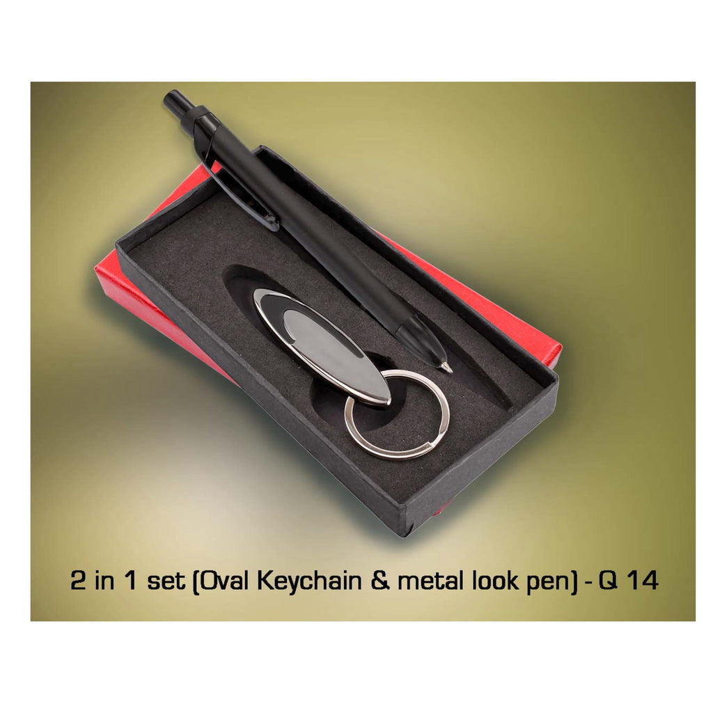 2 in 1 set [oval Keychain & metal look Pen]- Q 14