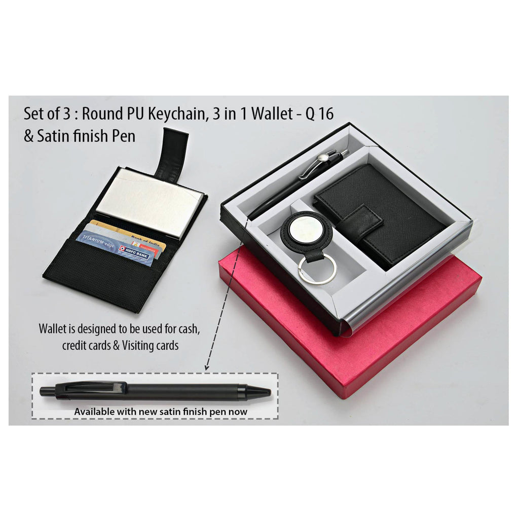 Set Of 3 : Round PU Keychain, 3 In 1 Wallet & Highway Satin Pen - Q16