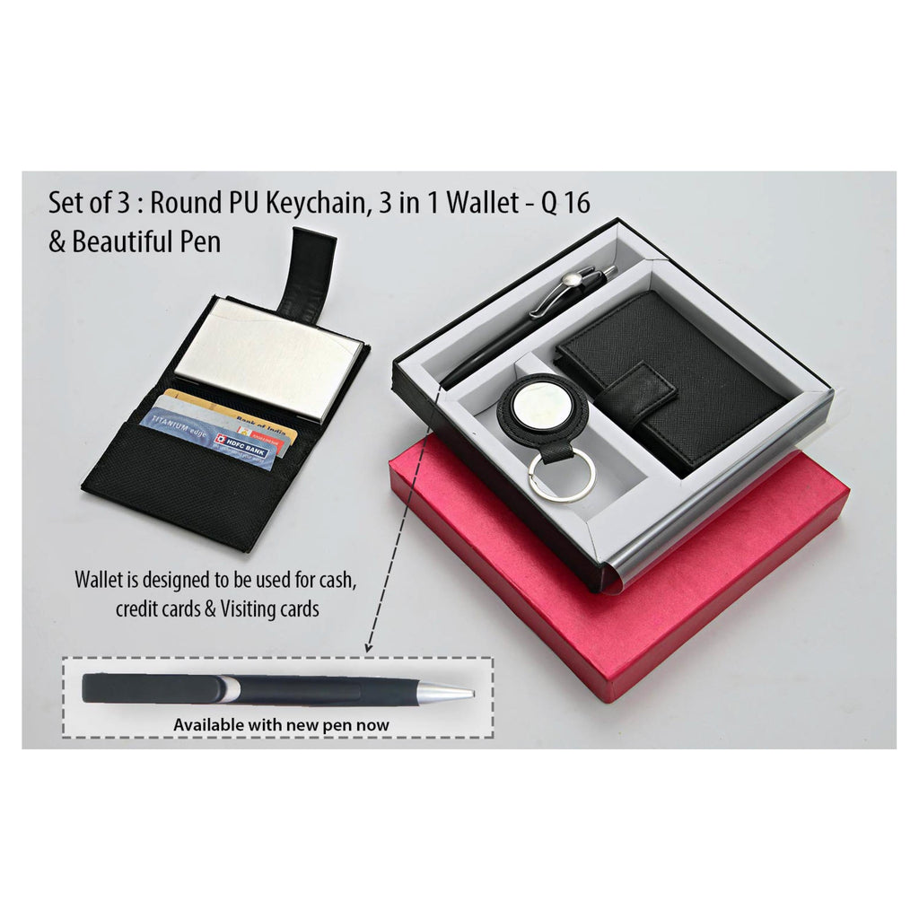 set of 3 : Round PU Keychain, 3 in 1 wallet - Q 16 & Beautiful Pen