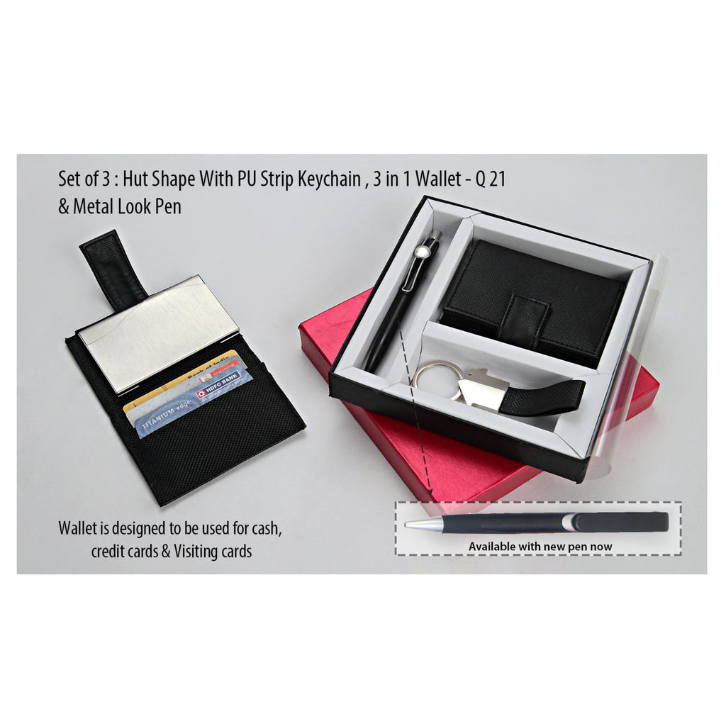 set of 3: Hut Shape With PU Stipe Keychain, 3 in 1 wallet - Q 21 & Metal Look Pen