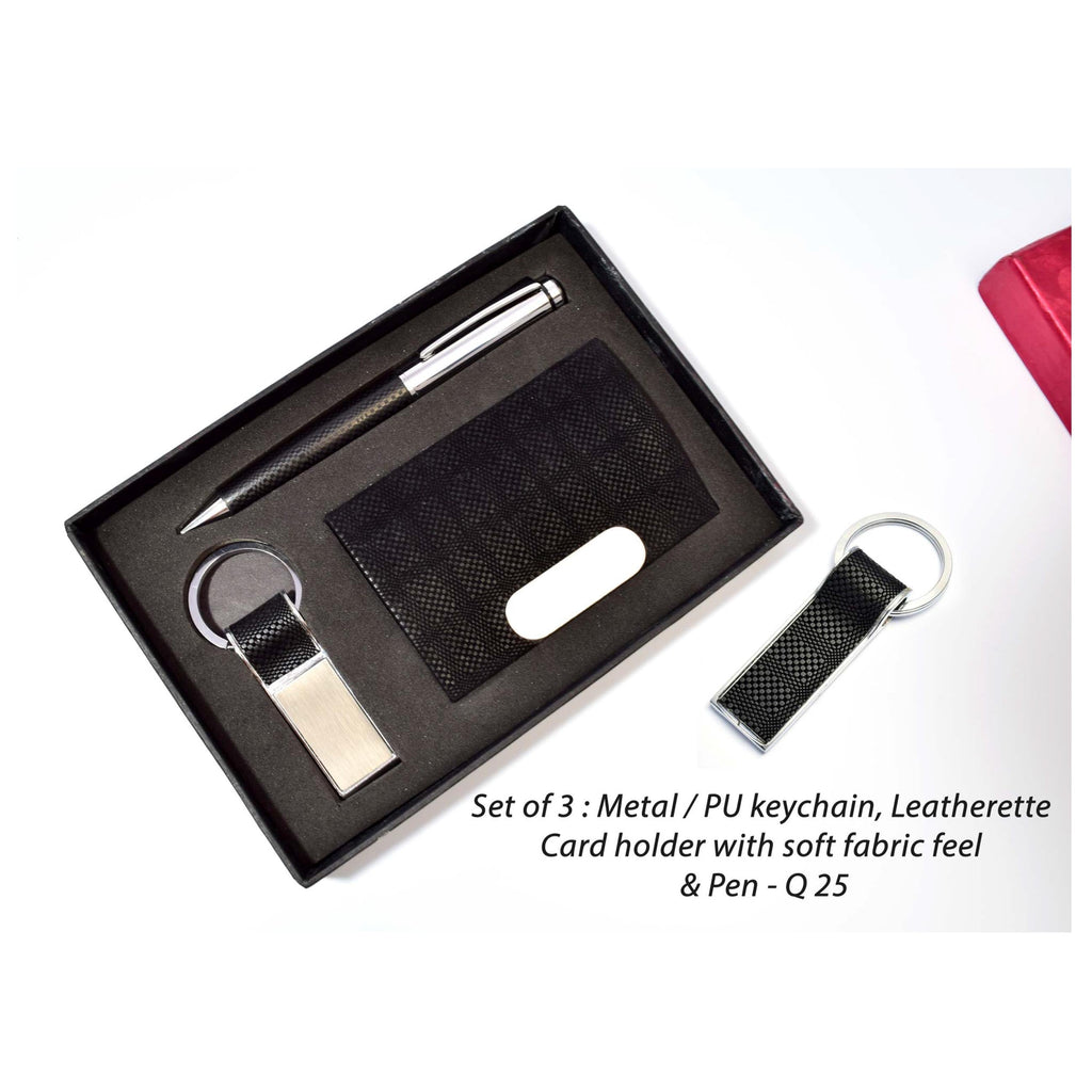 Set Of 3 : Metal / PU Keychain With Soft Fabric Feel, Leatherette Card Holder With Soft Fabric Feel & Pen - Q25