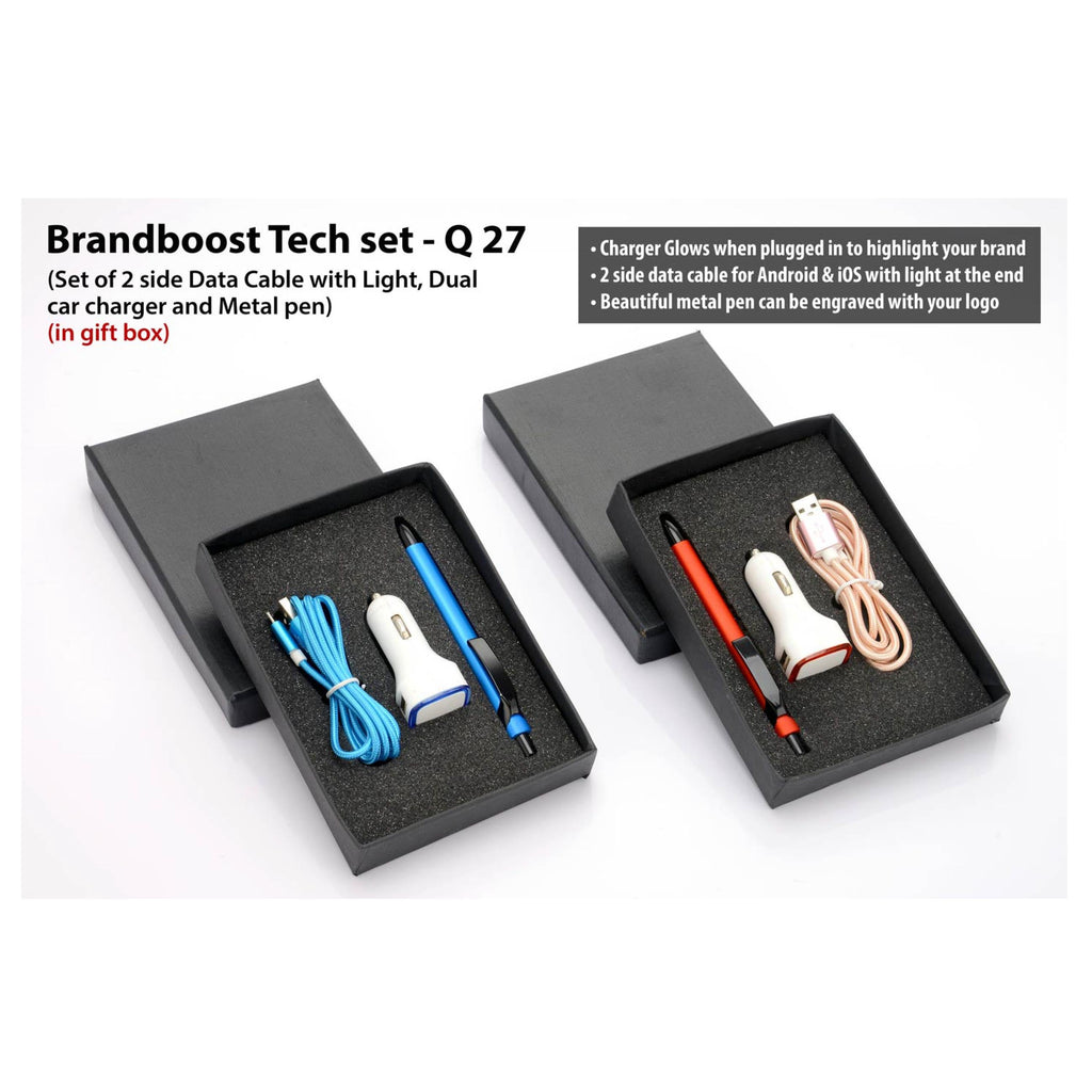 Brandboost Tech Set: Set Of 2 Side Data Cable With Light, Dual Car Charger, And Flat Oval Pen - Q27
