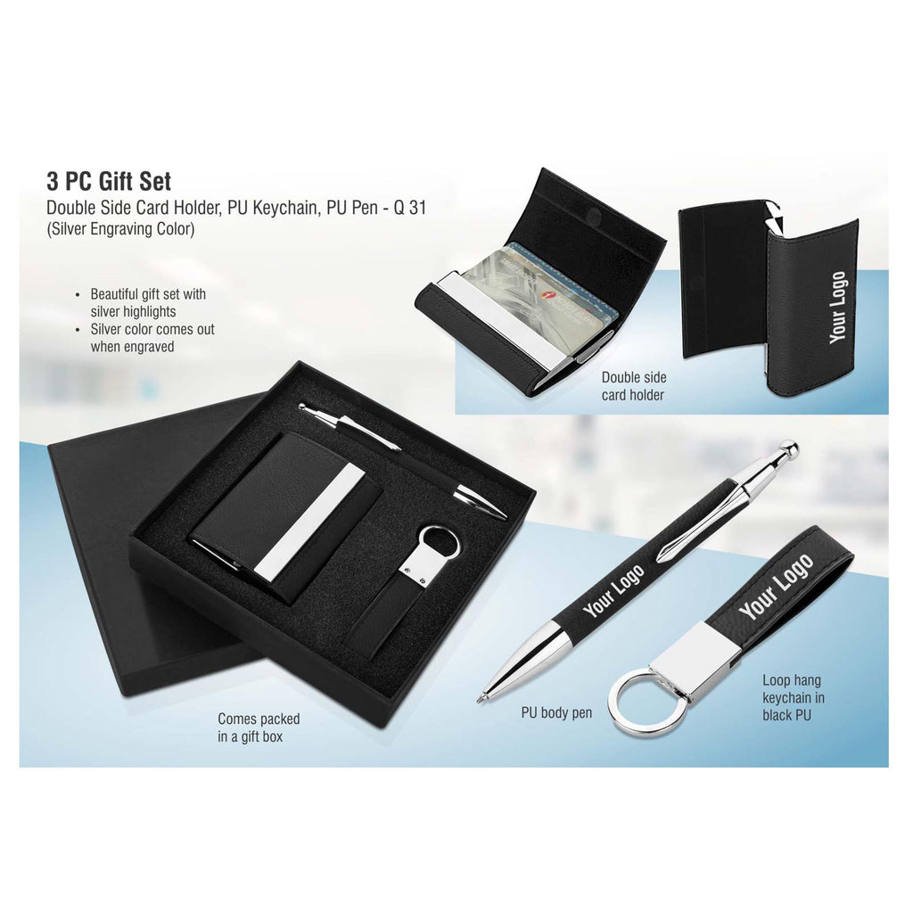 3 Pc Gift Set: Double Side Card Holder, PU Keychain, PU Pen | Silver Laser Color - Q31