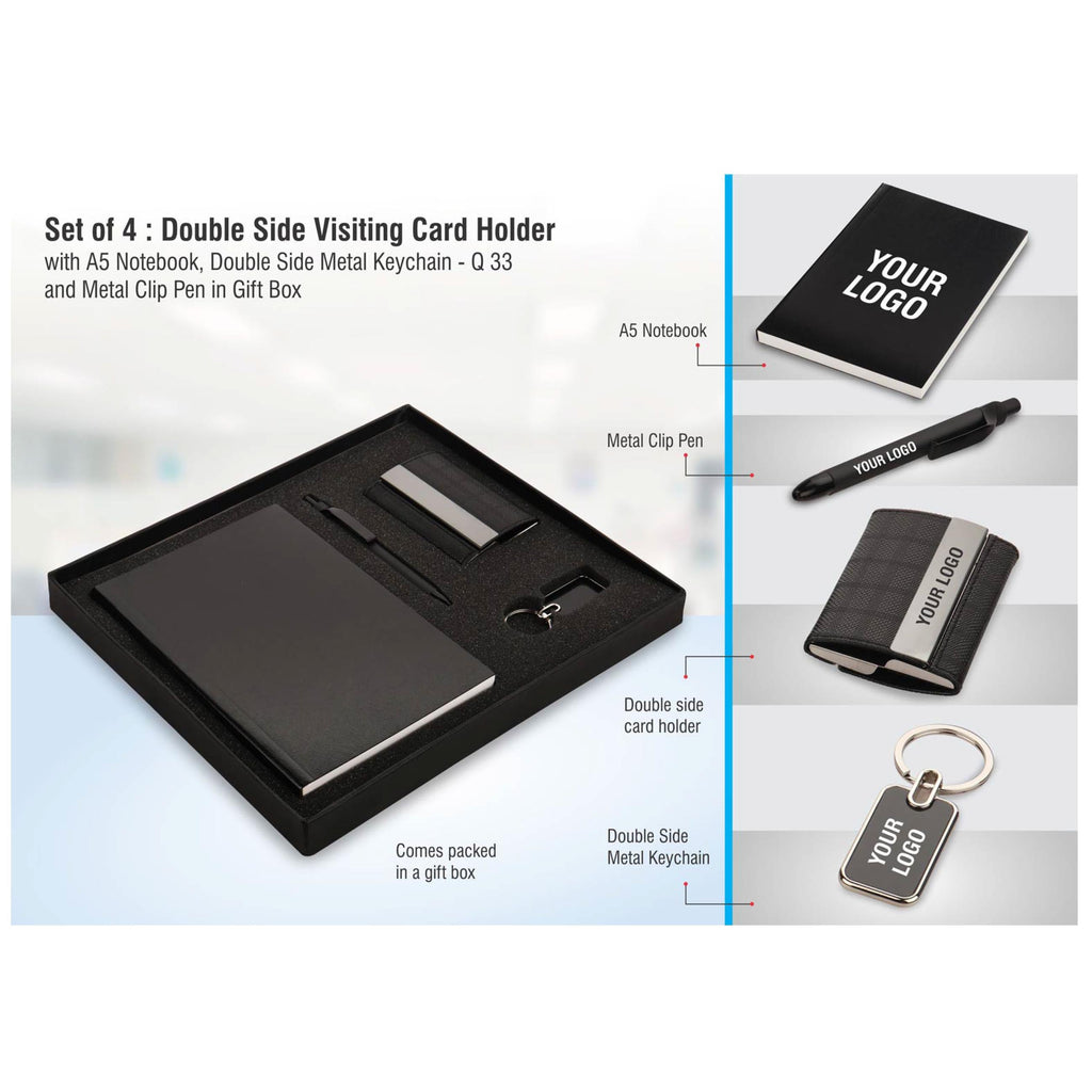 Set Of 4: Double Side Visiting Card Holder With A5 Notebook, Double Side Metal Keychain And Metal Clip Pen In Gift Box - Q33