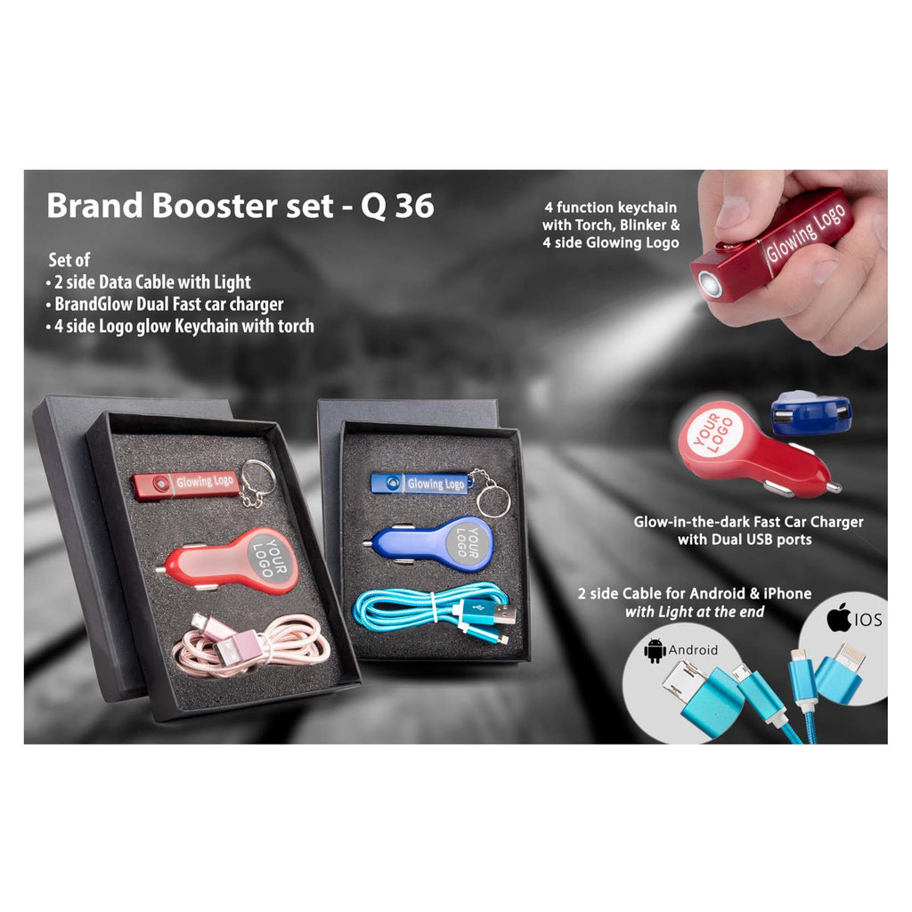 Brandbooster Set: Set Of 2 Side Data Cable With Light, Brandglow Dual Car Charger & 4 Side Glow Keychain With Torch - Q36