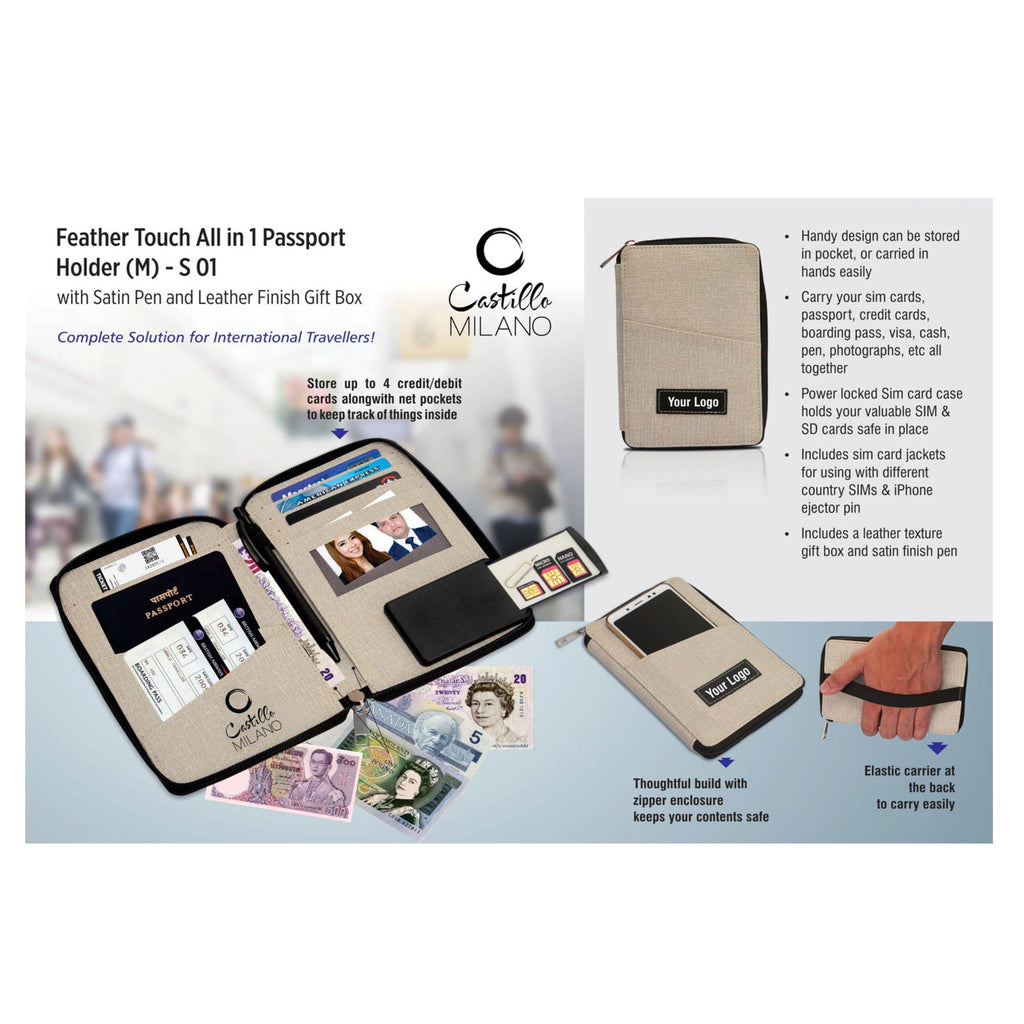 Feather Touch all in 1 passport holder(M) - S 01 with satin pen and leather finish gift box